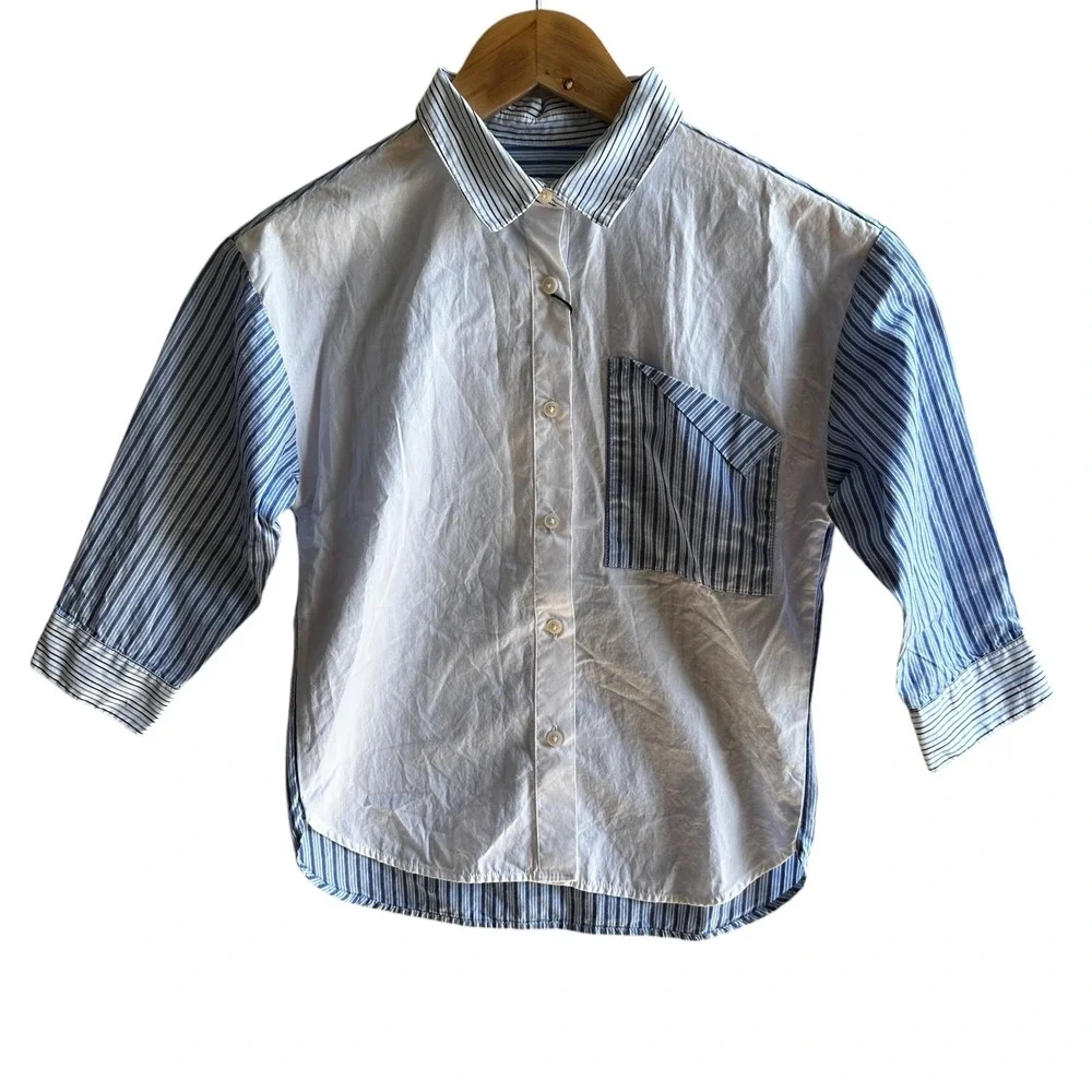 Zara Kids Button Down Shirt Blue/White Striped 3/4‎ Sleeve Classic Cotton NWT